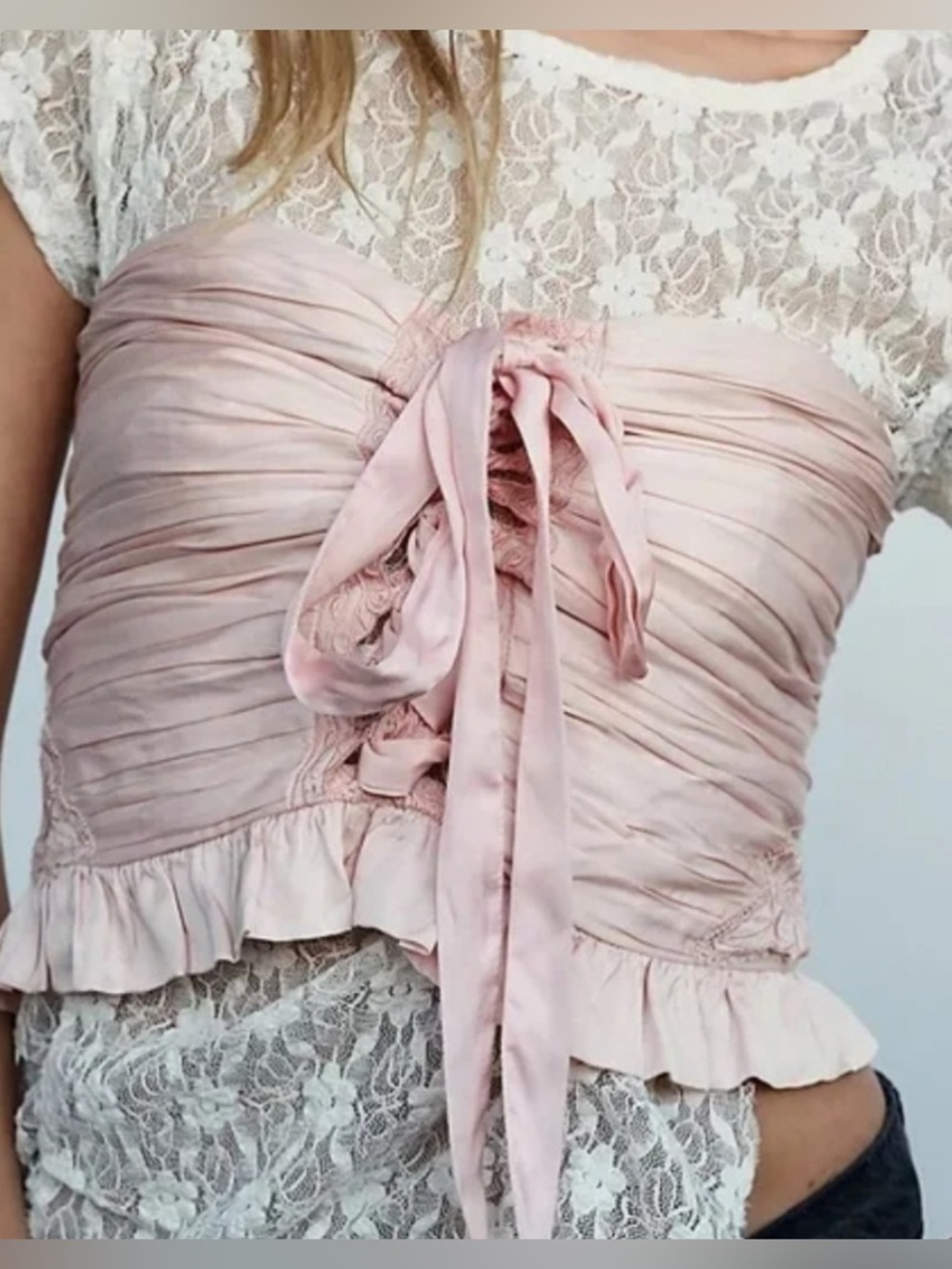 Free People Aurelia Silk Baby Pink Ruffle Corset with Halter Ties